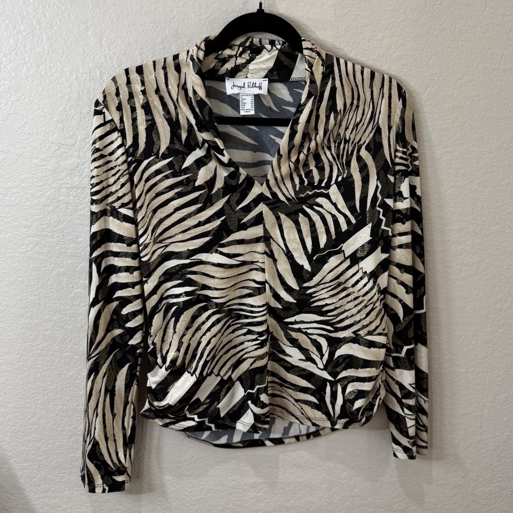 Joseph‎ Ribkoff Womens Zebra Print Metallic Gold Top Mob Wife Quiet Luxury Sz 10